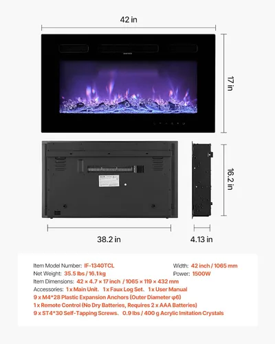 Miniatura 7 de VEVOR Chimenea eléctrica de 42 pulgadas, chimenea empotrada en la pared con control remoto, temporizador, 1500 W, brillo de color de llama