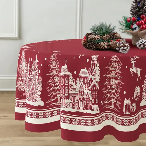 Miniatura 3 de Mantel redondo de Navidad de 60 x 60 pulgadas, mantel de Navidad con diseño de árbol de Navidad, alce, Papá Noel, copo de nieve, color rojo, Navidad
