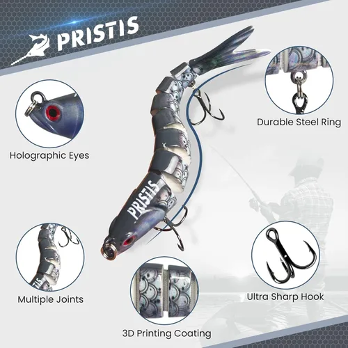 Miniatura 4 de Pristis Lifelike Fishing Plugs for Bass Muskie Walleye, Slow Sinking Swimbaits for Saltwater Freshwater, Shallow Deep Diving Crank Hard Baits Lure