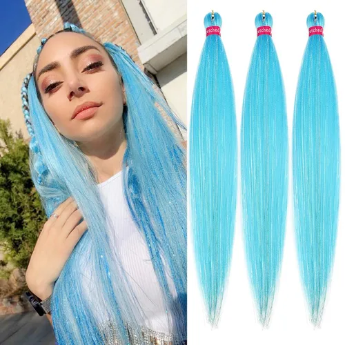 Miniatura 10 de Cabello trenzado verde con lentejuelas de 26 pulgadas, preestirado, trenzas de textura Yaki, extensiones de cabello pre plumadas, 3 paquetes, fácil