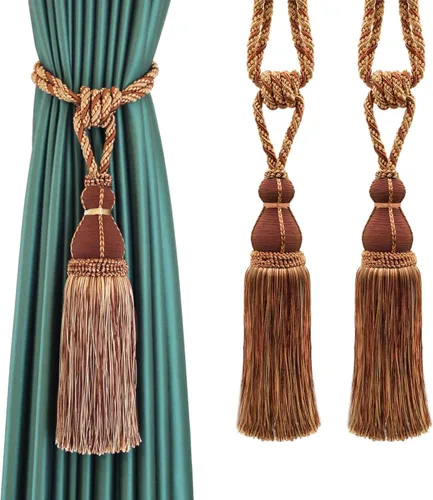 Miniatura 12 de BEL AVENIR Paquete de 2 alzapaños de cortina con borlas, grandes hechos a mano, cuerda para el hogar, oficina, hotel, elegante decorativo (beige)