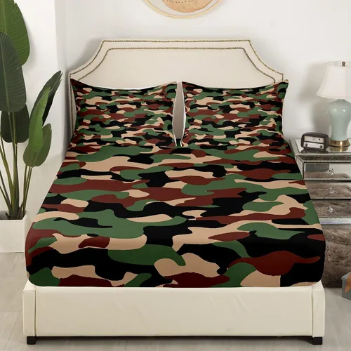 Miniatura 4 de Sábanas de camuflaje para niños, sábanas bajeras de camuflaje verde militar, juego de ropa de cama de camuflaje militar para niños, adolescentes