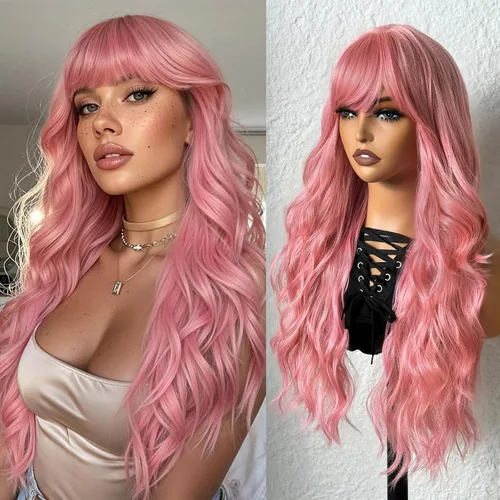 Miniatura 10 de topshe Peluca ondulada de color rubio ceniza con flequillo, cabello sintético resistente al calor para mujeres, capas de mariposa preestilizadas