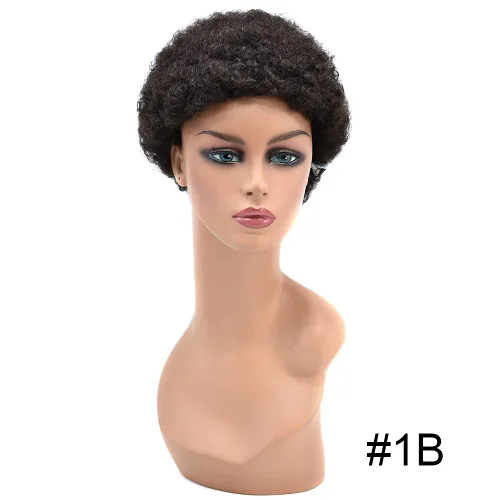 Miniatura 2 de Pelucas afro para mujeres negras, sin pegamento, cabello humano corto, rizado, esponjoso, hechas a máquina, ligera, peluca completa de cabello