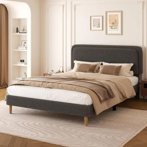 Miniatura 15 de Marco de cama tapizado Boucle de tamaño matrimonial con cabecera ajustable, cama de nube suave, no necesita somier, fácil montaje, sin ruido