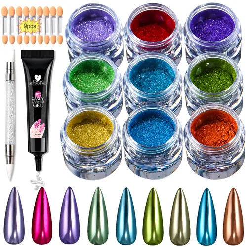 Miniatura 10 de Kit de Polvo de Uñas Cromado y Gel de Uñas 3D, Efecto Espejo Metálico Brillante Polvo Cromado Para Arte de Uñas, Pigmento de Polvo de Inmersión