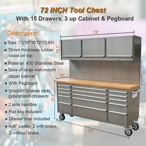Miniatura 5 de AnorTrek Caja de herramientas de 72 pulgadas con 15 cajones con gabinete superior de 3 y tablero de clavijas en acero inoxidable (Acero inoxidable)