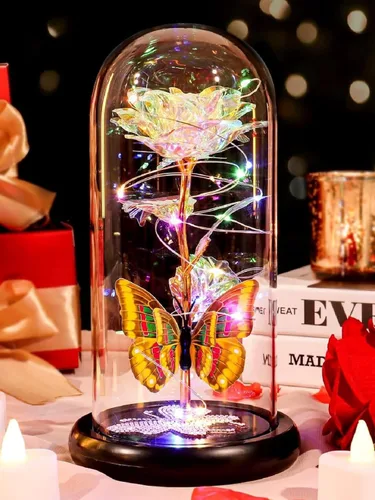 Regalos de cumpleaños para mujer, rosa colorida con luz eterna en cúpula de cristal con mariposa, flores de Navidad para mamá, regalo de hija,
