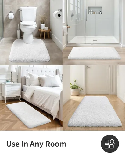 Miniatura 8 de ILANGO Alfombras de baño blancas de 32" × 20" antideslizantes y súper absorbentes, extra gruesas, suaves y lavables para piso, alfombra de baño