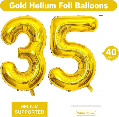 Miniatura 2 de Globos de 40 pulgadas con el número 35, globos dorados de helio número 35, globo de número grande para niños y niñas, suministros de decoración