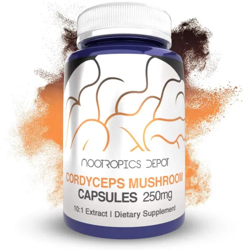 Nootropics Depot Cordyceps Cápsulas de hongos | Extracto corporal fructífero entero 10:1 | 250 mg | 180 unidades | Cordyceps militaris