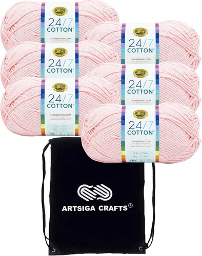 Miniatura 20 de Lion Brand 24/7 Algodón Rosa 761-101 (3 carretes - mismo lote de tinte) Hilado medio #4 de algodón para crochet y tejer con bolsa de proyecto
