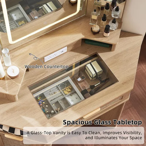 Miniatura 3 de Lerliuo Tocador Esquinero con Espejo de 3 Vías y Luces, Tocador de Maquillaje de Ratán de 46'' con Cajón Superior de Cristal, Gabinetes de Madera