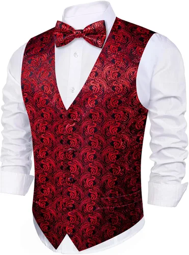 Miniatura 83 de Barry.Wang Conjunto de chaleco de pajarita para hombre, chaleco con cuello en V de seda jacquard de cachemira, gemelos de pañuelo formal/ocio, boda