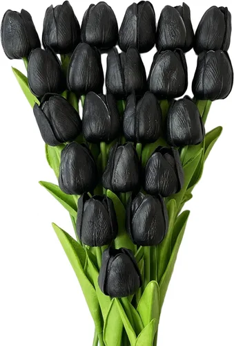 UKELER 24 piezas de flores negras de tulipán, flores artificiales de poliuretano de tacto real para decoración del hogar, centros de mesa, arreglo