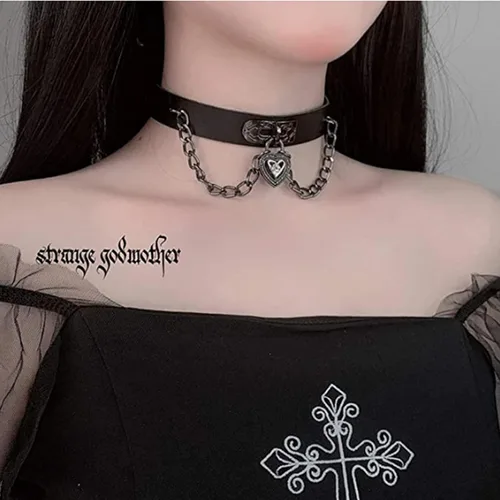 Miniatura 7 de Olbye Gargantilla de corazón con candado, collar corto de cuero negro, collar punk de poliuretano, collar de cosplay, cadena de eslabones gótico