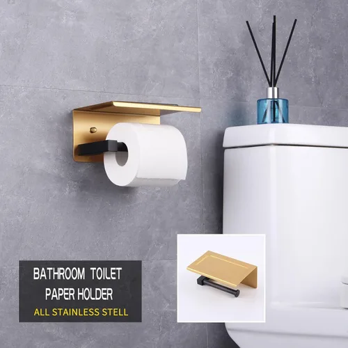 Miniatura 3 de GERZWY Soporte de papel higiénico de baño con estante Soporte de rollo de papel de papel de acero inoxidable Soporte de pared (negro y dorado)