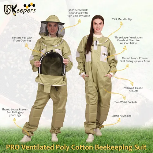 Miniatura 4 de Traje de apicultura de polialgodón ultra ventilado para hombres y mujeres con guantes y dos velos de apicultura, traje de apicultura profesional