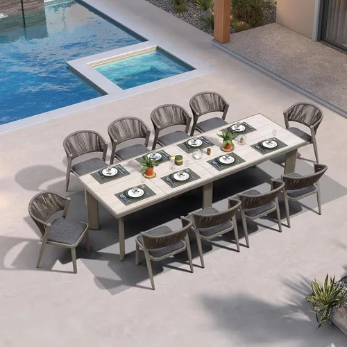 Miniatura 31 de PURPLE LEAF Juego de comedor redondo de 5 piezas de gran tamaño, marco de aluminio y mimbre de ratán para patio, mesa y sillas con cojines