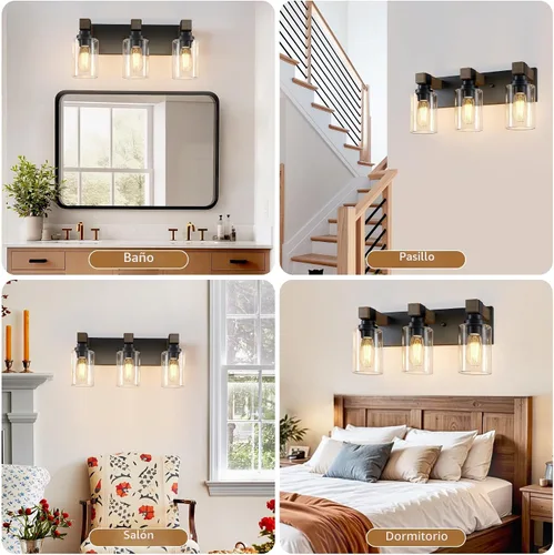 Miniatura 7 de Accesorios de iluminación de baño de granja, luces de tocador rústicas de 3 luces en madera para baño, iluminación de apliques de pared vintage