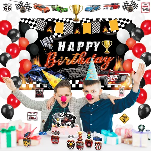 Miniatura 7 de Suministros para fiesta de cumpleaños de autos de carreras, 142 piezas de decoraciones de fiesta de carreras de autos de carreras para niños