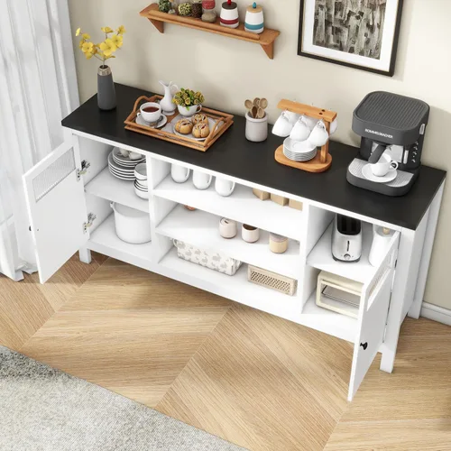 Miniatura 4 de Gabinete de buffet acanalado en blanco y negro: gabinete de aparador de madera de 63 "para sala de estar, mesa de acento moderna con almacenamiento