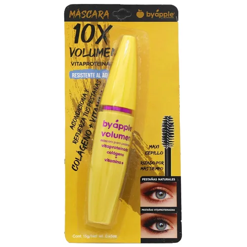 BY APPLE Volumen Mascara, 10 veces de volumen con vitaproteína, colágeno y vitamina E, resistente al agua, cepillo largo, negro, 0.45 onzas líquidas