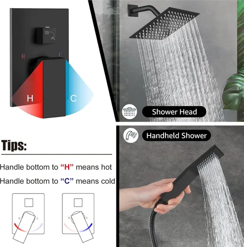 Miniatura 4 de Midanya Juego de grifo de ducha, sistema de ducha de montaje en pared con cabezal de ducha de lluvia cuadrado y rociador manual, cuerpo de válvula