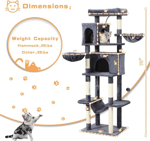 Miniatura 6 de Letkind Árbol para gatos de 70 pulgadas, torre grande para gatos con hamaca, poste rascador, condominio y torre para gatos de varios niveles
