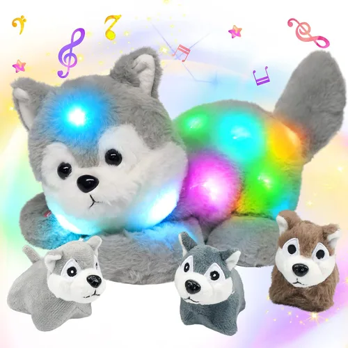 Miniatura 16 de Hopearl Conejo de peluche LED con luces, juguete de peluche con mamá y 3 bebés en su barriga, nana animada, calmante para mamá, niños pequeños
