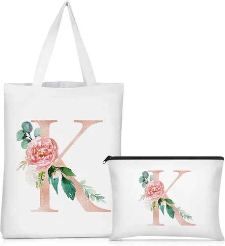 Miniatura 21 de Sanwuta 2 bolsas de lona con inicial, diseño floral con letras florales, bolsas de cosméticos de viaje, bolsas con monograma para mujer, mujer