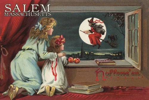 Lantern Press Rompecabezas de 1000 piezas, Salem, Massachusetts, Saludo de Halloween, bruja desde la ventana, arte navideño vintage