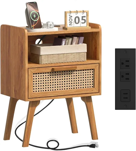 Miniatura 8 de Lerliuo Mesita de noche de ratán con estación de carga, Mesa auxiliar bohemia con cajón y estante abierto, Mesa auxiliar con acento de caña
