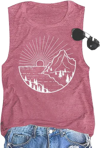 Camiseta de senderismo para mujer, camiseta de montaña con estampado gráfico de naturaleza y amanecer, camiseta de verano de manga corta para