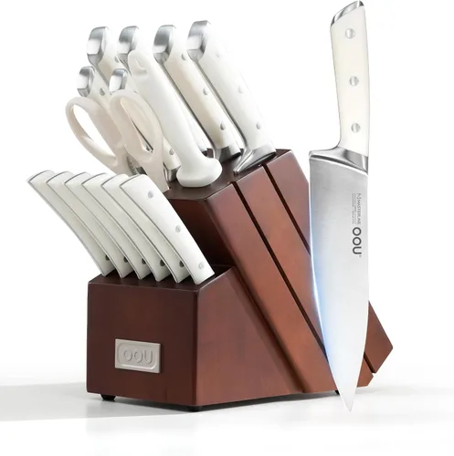 Miniatura 11 de OOU Juego de cuchillos de cocina 2025 con bloque, juego de cuchillos de acero inoxidable alemán de 15 piezas con varilla de afilar, mango de madera