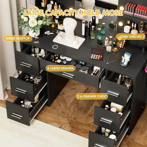 Miniatura 4 de VICTONE Escritorio de tocador con espejo iluminado LED y toma de corriente, 3 modelos de luces, mesa de tocador de maquillaje con 7 cajones y 6