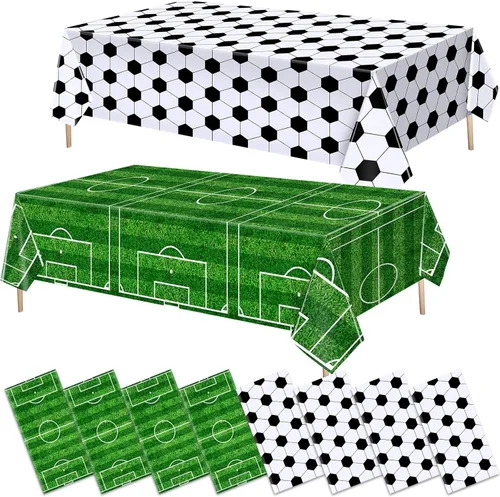 Miniatura 11 de Mixweer 2 manteles de fútbol para decoración de fiesta de cumpleaños de fútbol de 54 x 108 pulgadas, cubierta de mesa de plástico para deportes