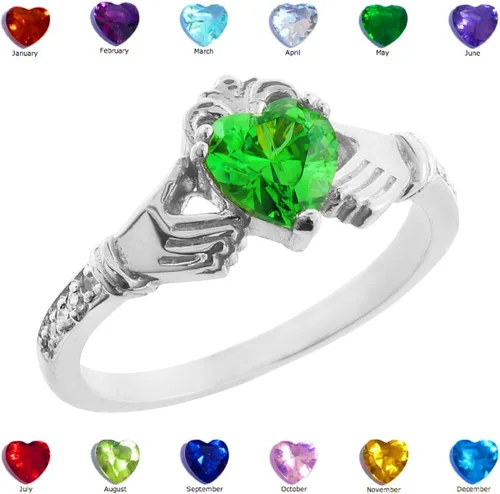 Miniatura 4 de Anillo Claddagh de oro blanco de 14 quilates con forma de corazón verde CZ con piedras naturales