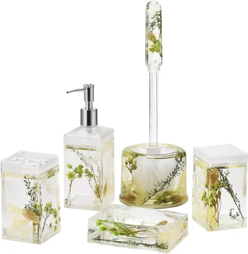 Locco Decor Juego de accesorios de tocador de baño de 5 piezas de acrílico líquido 4D con movimiento flotante para jardín, plantas verdes botánicas,