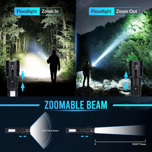 Miniatura 4 de Linterna recargable de alto lúmenes, 2 paquetes, 1,500,000 L, linternas LED con zoom de alta potencia, luz táctica súper brillante con 6 modos, luz
