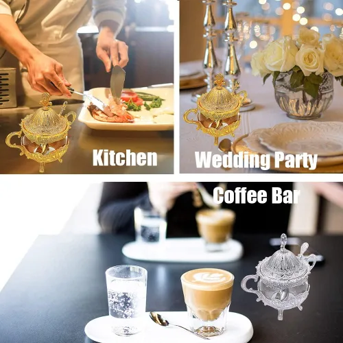 Miniatura 7 de Hourwof Azucarero con tapa y cuchara para cocina, cafetería, fiesta de boda, recipiente de metal y vidrio para azúcar y azúcar en polvo, contenedor