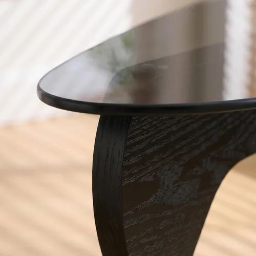 Miniatura 8 de LukeAlon Mesa auxiliar triangular moderna color negro y gris, parte superior de vidrio templado y base de madera, mesa auxiliar geométrica abstracta