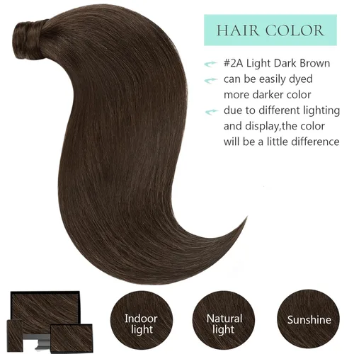 Miniatura 3 de Extensión de cola de caballo de cabello humano marrón oscuro, extensiones de cola de caballo larga sedosa recta #2A color marrón claro, 22 pulgadas