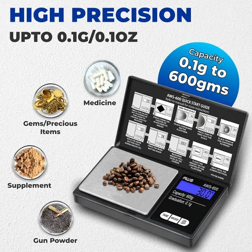 Miniatura 6 de American Weigh Scales Balanza de bolsillo digital 600 g x 0,1 g con pantalla LCD Gramo, onza, quilate, grano para monedas, joyas, piedras preciosas