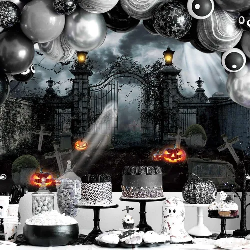 Miniatura 5 de MEHOFOND Fondo de fotografía de cementerio embrujado de Halloween de 7 x 5 pies, linterna gótica de fantasma, terror espeluznante, puerta
