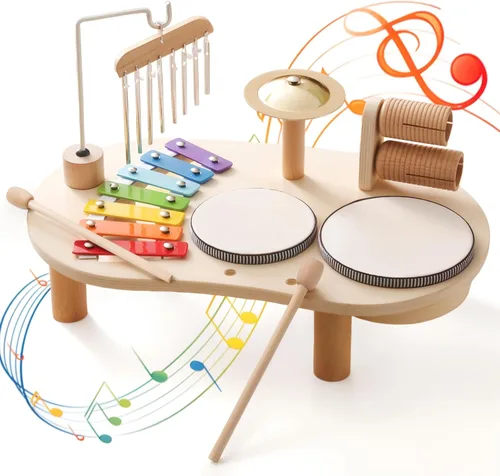 Juego de batería de madera para niños pequeños de 1 a 3 años, instrumentos de percusión musical para niños, juego de batería para bebés, xilófono,