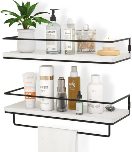 ZGO Juego de 2 estantes flotantes para pared, estantes de almacenamiento montados en la pared con marco de metal negro y toallero para baño, Blanco