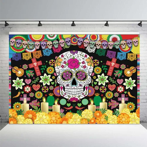 Miniatura 2 de MEHOFOND Telón de fondo del Día de los Muertos para fiesta mexicana, Día de los Muertos, decoración de fiesta de cumpleaños, suministros