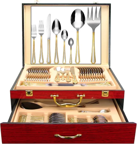 Miniatura 9 de Juego de cubiertos de lujo de 75 piezas para 12 con estuche de almacenamiento de madera, servicio de cubiertos de comedor de alta calidad, cubiertos