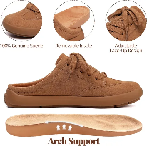 Miniatura 2 de UBFEN Pantuflas de piel de ante con soporte de arco para mujer, cómodas, para interiores y exteriores, con cordones
